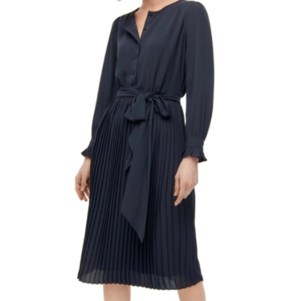 J.Crew Tie Front Pleated Long Sleeve Navy Dress, Size 4